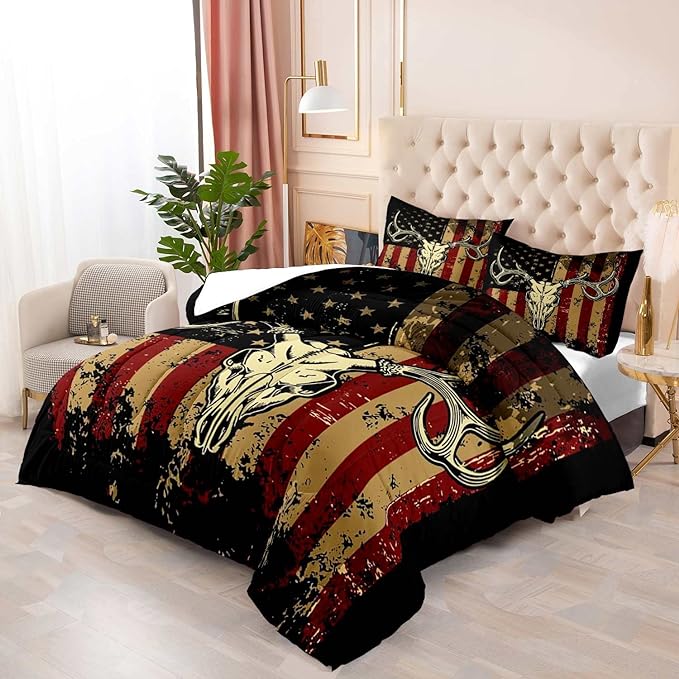 LUVIVIHOME 2PCS Deer Skull Comforter Set Twin Size, Patriotic American Flag Comforter, 4th of July Independence Day Hunter Elk Moose Wildlife Cabin Country Rustic Hunting Bedding Quilt, 1 Pillow Sham - LeafyLoom