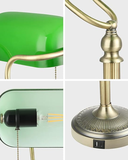 Newrays Green Glass Bankers Desk Lamp with Pull Chain Switch Plug in Fixture,USB Fast Charging Port - LeafyLoom