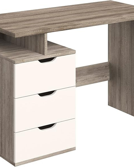Lavish Home Contemporary Desk with Attached 3-Drawer File Cabinet for Home Office, Bedroom, Computer, or Craft Table, 43-Inch Long, White and Natural - LeafyLoom
