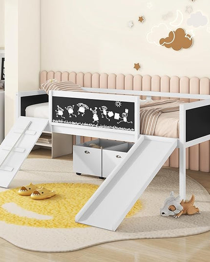 Twin Size Low Loft Bed with Slide and 2 Storage Boxes,Kids Low Loft Bed Frame with Climbing and Chalkboard,Solid Loft Bed Twin for Boys,Girls,White - LeafyLoom