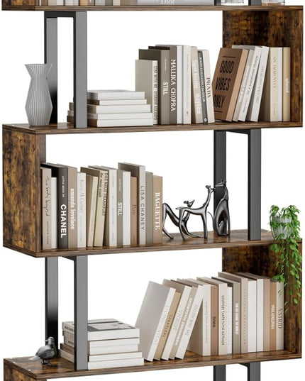 Gadroad 5-Tier Geometric Bookcase,S Shaped Bookshelf, Wood Decorative Storage Shelving, Modern Freestanding Display Shelves, Tall Book Shelf Unit for Living Room Bedroom, Rustic Brown - LeafyLoom