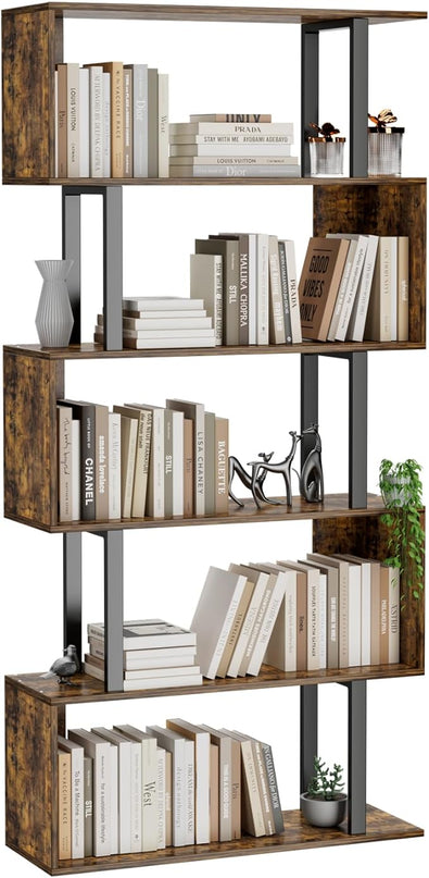 Gadroad 5-Tier Geometric Bookcase,S Shaped Bookshelf, Wood Decorative Storage Shelving, Modern Freestanding Display Shelves, Tall Book Shelf Unit for Living Room Bedroom, Rustic Brown - LeafyLoom