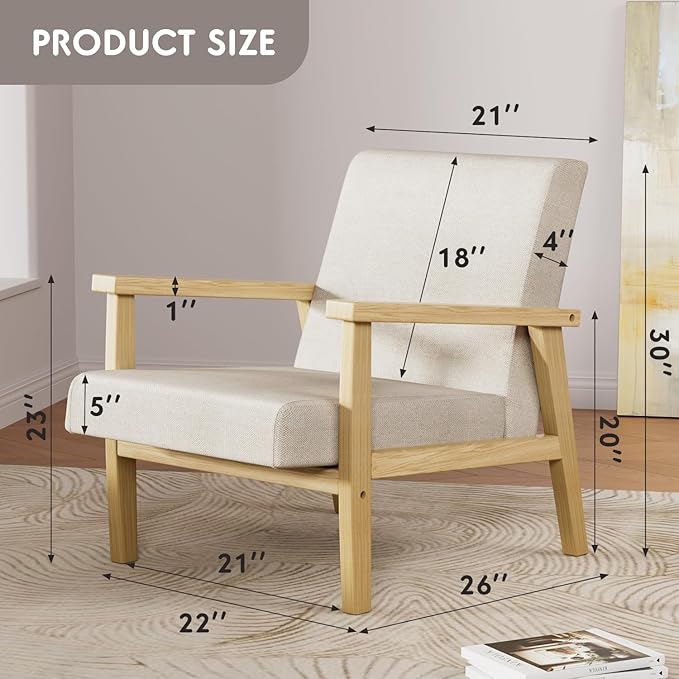 YESHOMY Mid-Century Modern Accent Chair with Solid Wood Frame and Thick Cushion for Living Room, Bedroom, Home Office, Set of 2, Beige - LeafyLoom