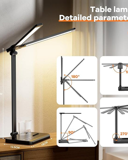RealPlus Desk Lamp with USB Charging Port & 【Adapter】, 17IN Tall LED Desk Lamps for Home Office, 10W Double Head Desk Lamp with Pen Holder, Memory Function/10 Brightness/5 Colors/Reading Mode/Timer - LeafyLoom