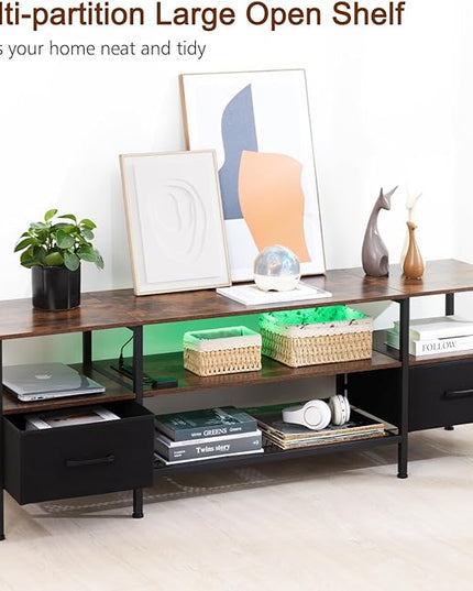 TV Stand for 50/55/60 inch TV, LED Entertainment Center with Charging Station, Small TV Table with Storage Drawer and Shelf, TV Console for Living Room Bedroom, Brown, HTS042BR - LeafyLoom