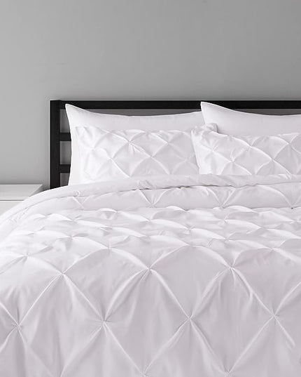 Amazon Basics All-Season Down-Alternative Comforter 3 Piece Bedding Set, King, Bright White, Pinch Pleat With Piped Edges - LeafyLoom