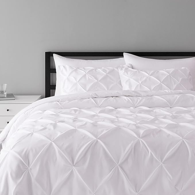 Amazon Basics All-Season Down-Alternative Comforter 3 Piece Bedding Set, King, Bright White, Pinch Pleat With Piped Edges - LeafyLoom