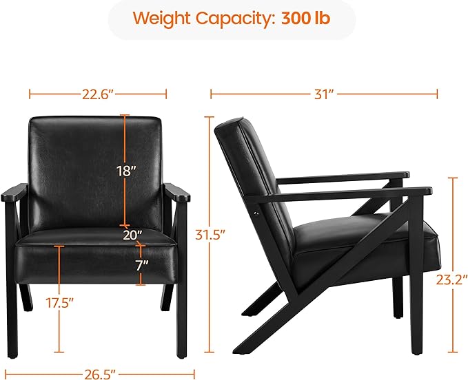 Yaheetech Accent Chair, Armchair with Strong Wood Frame, PU Leather Modern Retro Lounge Chair for Living Room/Lounge/Office/Reception Area, Black, 2 Pieces - LeafyLoom