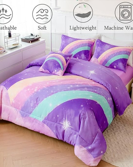 Purple Rainbow Girls Comforter Set Twin, 6 Pieces Gradient Glitter Bedding Sets for Girls Kids, 3D Galaxy Nebula Kids Girls Bed Set with Sheets for All Season - LeafyLoom