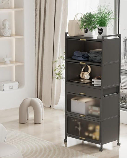 Kitchen Pantry Cabinet, 5 Tiers Freestanding Buffet Cupboards Sideboard with Brakeable Casters, Kitchen Pantry Storage Cabinet for Kitchen, Living Room and Dinning Room - LeafyLoom