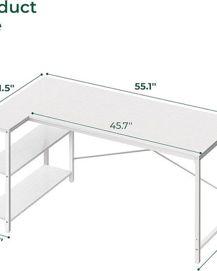 L Shaped Desk, 55 Inches Computer Desk with Reversible Storage Shelves, Gaming Desk, Corner Desk Home Office Desks, Writing Desk Study Desk with Metal Frame, White - LeafyLoom