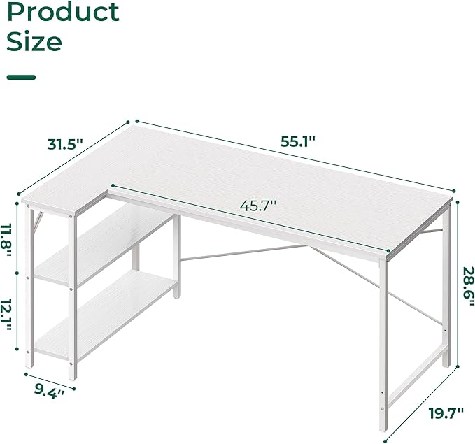 L Shaped Desk, 55 Inches Computer Desk with Reversible Storage Shelves, Gaming Desk, Corner Desk Home Office Desks, Writing Desk Study Desk with Metal Frame, White - LeafyLoom