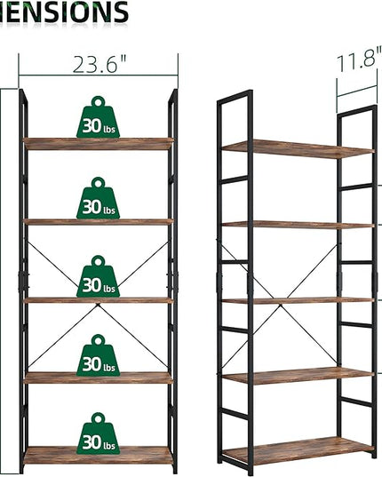 OTK 5 Tier Bookshelf, Tall Bookcase, Office Shelf Storage Organizer, Modern Book Shelf for Living Room, Bedroom, and Home Office, Vintage - LeafyLoom