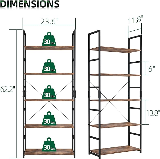 OTK 5 Tier Bookshelf, Tall Bookcase, Office Shelf Storage Organizer, Modern Book Shelf for Living Room, Bedroom, and Home Office, Vintage - LeafyLoom