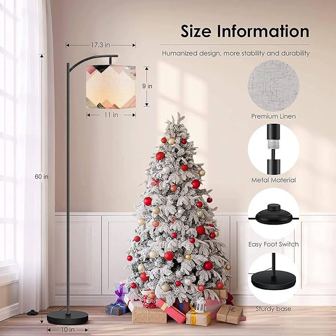 Modern Arc Floor Lamp with Dimmer Mid Century Marble Rose Trendy Minimalist Geometric Style Stone foil Glitter Metal Standing Lamp with Linen Shade Footswitch for Living Room Bedroom Office - LeafyLoom
