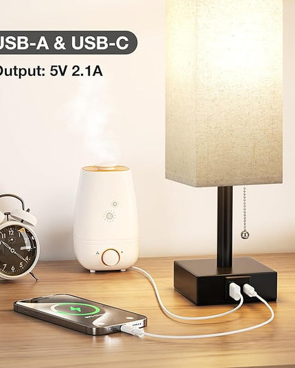 Small Linen Bedroom Lamp - 3 Color Temperature 3000K 5000K 4000K Bedside Lamp, Pull Chain Control, USB A and C Charging Ports, Black Base, for Kids Office Dorm, Bulb Included - LeafyLoom
