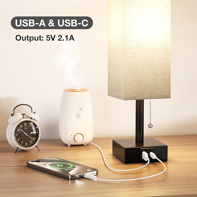 Small Linen Bedroom Lamp - 3 Color Temperature 3000K 5000K 4000K Bedside Lamp, Pull Chain Control, USB A and C Charging Ports, Black Base, for Kids Office Dorm, Bulb Included - LeafyLoom