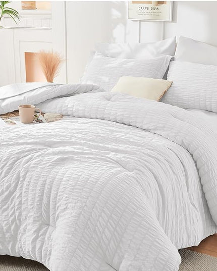 HYMOKEGE Seersucker Queen Comforter Set 3 Pieces, Lightweight Comforter Sets for Bedding, Bed Set with 1 All Season Soft Down Alternative Comforter and 2 Pillow Shams, White - LeafyLoom