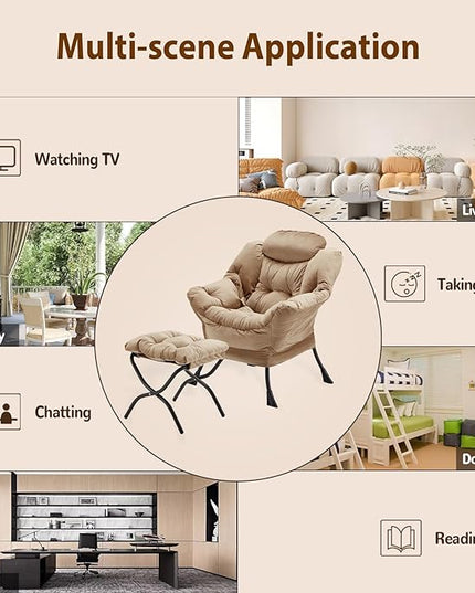 Lazy Chair with Folding Ottoman, Accent Chair Velvet Upholstered with Metal Structure and Non-Slip Pads, Sofa Armchair with Footrest and Side Storage Bag for Dorm, Room, Office, Khaki - LeafyLoom