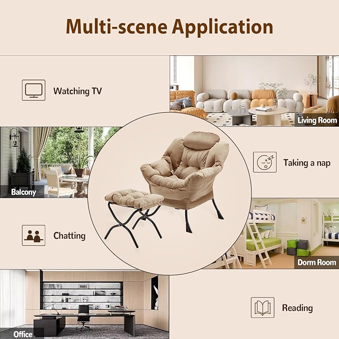 Lazy Chair with Folding Ottoman, Accent Chair Velvet Upholstered with Metal Structure and Non-Slip Pads, Sofa Armchair with Footrest and Side Storage Bag for Dorm, Room, Office, Khaki - LeafyLoom
