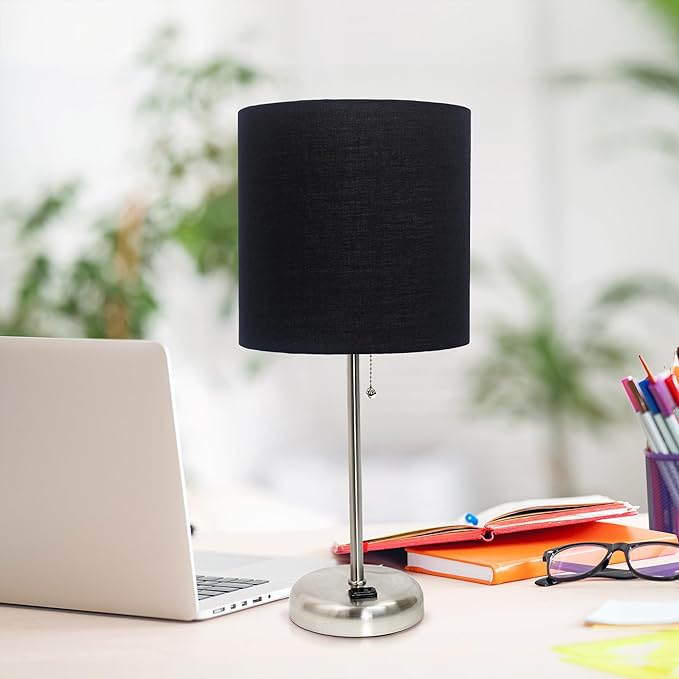 Simple Designs LT1144-BLK Sleek and Slender Brushed Steel Table Lamp with Charging Outlet, for Bedroom, Living Room, Entryway, Office, Dining Room, Study, Black Shade - LeafyLoom