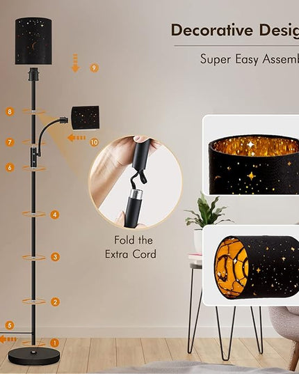 Floor Lamp for Bedroom, LED Floor Lamps with Reading Lamp, 2700K Brightness, 3-Way Switch, Bulbs Included, Modern Standing Lamps for Living Room Dining Room, Decorative Torchire Standing Lamp, Black - LeafyLoom