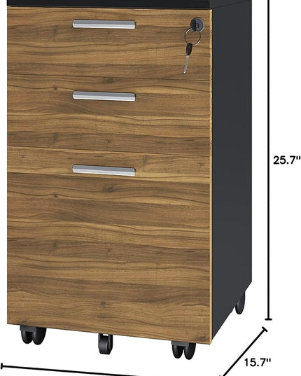 Lazio File Cabinet with Lock - Filing Cabinet for Home and Office - 3 Drawer Small Rolling File Cabinet -Wood Printer Stand with Storage for A4 Size/Legal Documents, File Folders (Cass Walnut/Black) - LeafyLoom