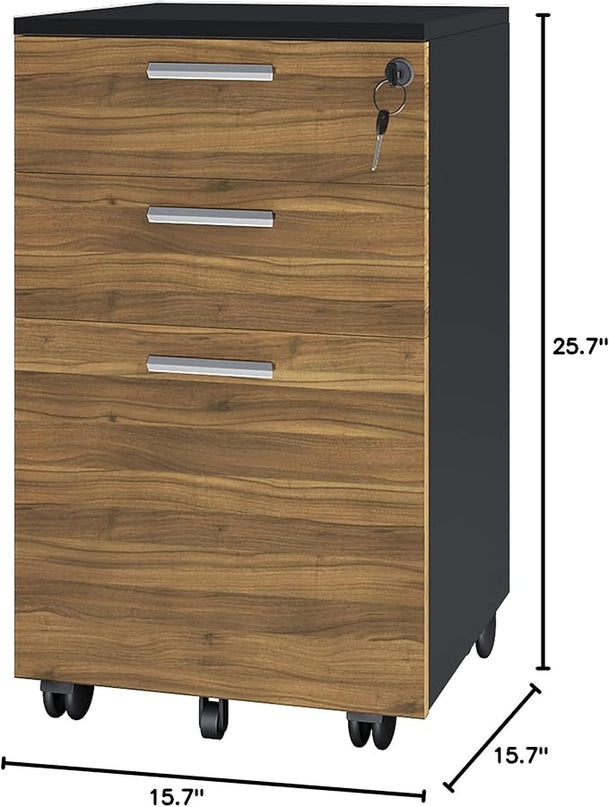 Lazio File Cabinet with Lock - Filing Cabinet for Home and Office - 3 Drawer Small Rolling File Cabinet -Wood Printer Stand with Storage for A4 Size/Legal Documents, File Folders (Cass Walnut/Black) - LeafyLoom