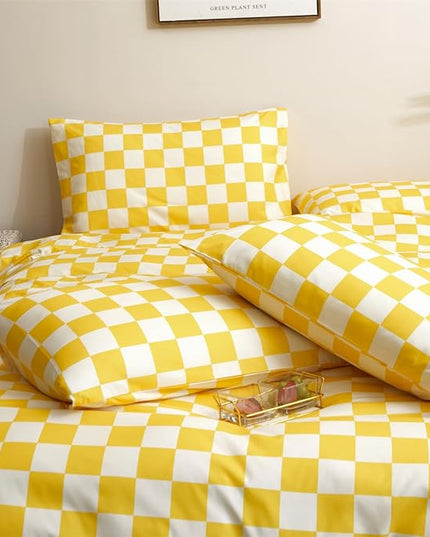 Wellboo Yellow and White Comforter Sets King Women Men Bright Yellow Checkerboard Grid Bedding Comforters Cotton Boys Girls Modern Light Yellow Checkered Geometric Quilts Luxury Elegant Yellow Bed - LeafyLoom