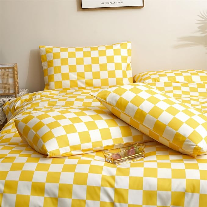 Wellboo Yellow and White Comforter Sets King Women Men Bright Yellow Checkerboard Grid Bedding Comforters Cotton Boys Girls Modern Light Yellow Checkered Geometric Quilts Luxury Elegant Yellow Bed - LeafyLoom