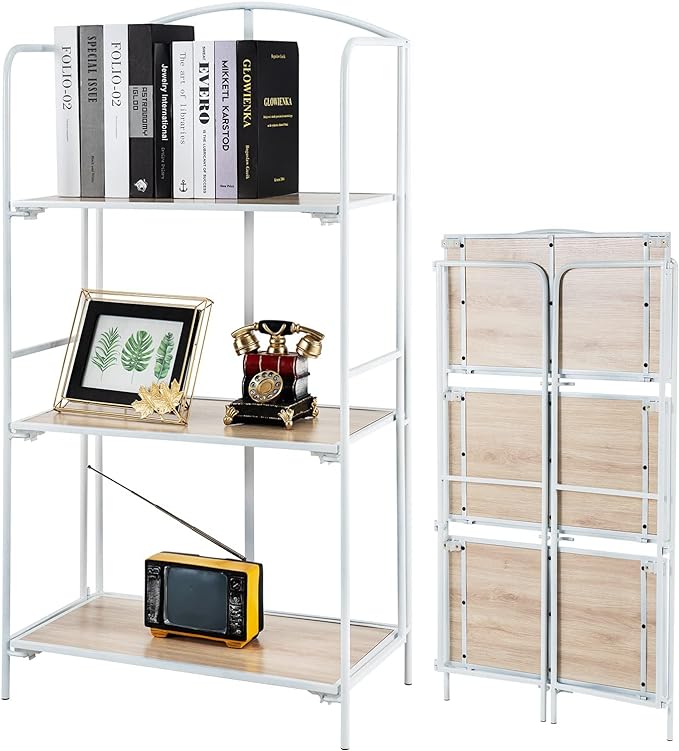 No Assembly Folding Bookshelf, 3 Tier White Bookshelf, Metal Book Shelf for Storage, Folding Bookcase for Office Organization and Storage, 12.6" D x 22.44" W x 42.13" H - LeafyLoom