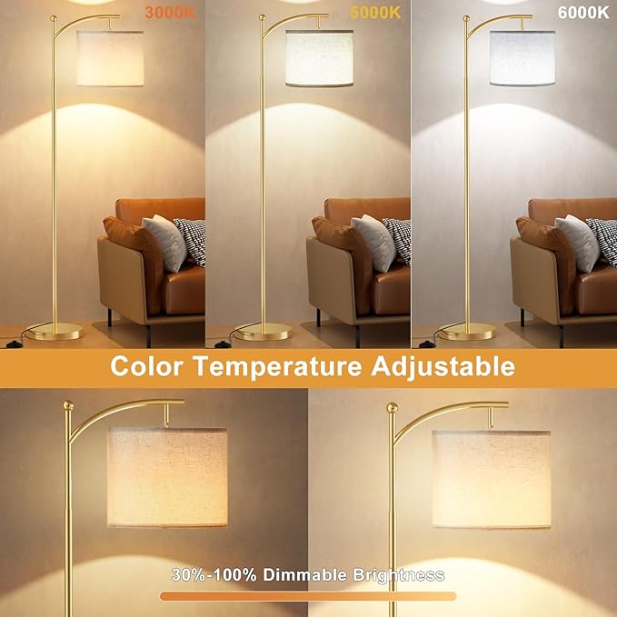 Ambimall Floor Lamp with Remote Control and Stepless Dimmable Bulb, Colors Temperature & Brightness Adjustable, Modern Floor Lamps for Living Room（Beige Shade & Gold Pole） - LeafyLoom