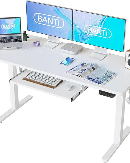 BANTI 55" x 24" Height Adjustable Electric Standing Desk with Keyboard Tray, Sit Stand up Desk with Splice Board, White Frame/White Top - LeafyLoom