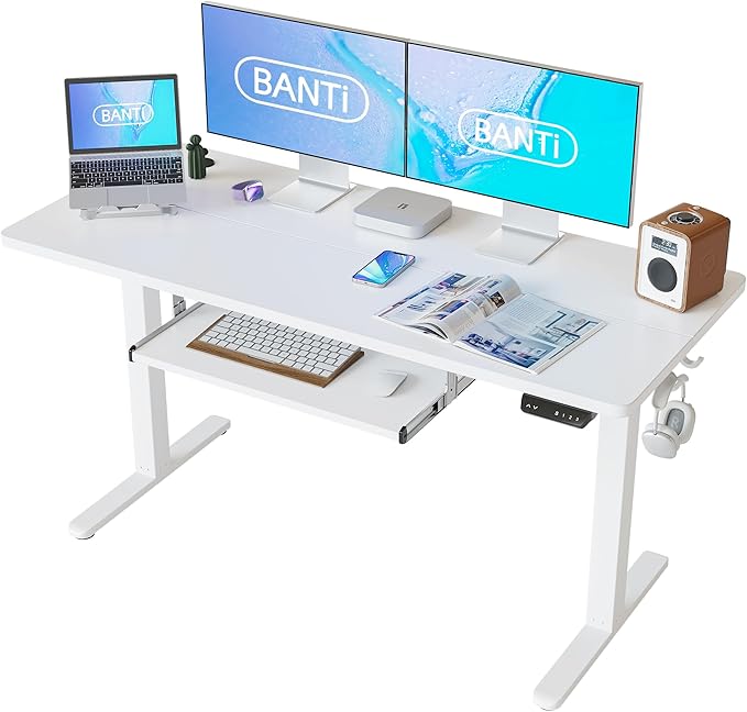 BANTI 55" x 24" Height Adjustable Electric Standing Desk with Keyboard Tray, Sit Stand up Desk with Splice Board, White Frame/White Top - LeafyLoom