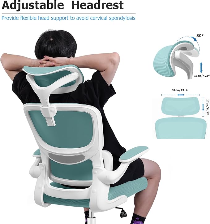 Ergonomic Office Chair, High Back Mesh Desk Chair with Lumbar Support and Adjustable Headrest, Computer Gaming Chair with Flip-up Armrests, Executive Swivel Chair for Home Office (MintGreen) - LeafyLoom