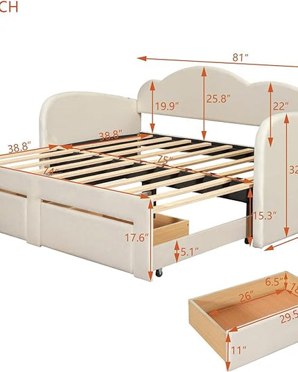 Twin Size Velvet Upholstered Daybed with Cloud-Shaped Backrest and Trundle,Wooden Storage Bed Frame W/Drawers & USB Ports,Convert to King-Size Bed,for Living Room Apartment Beige - LeafyLoom