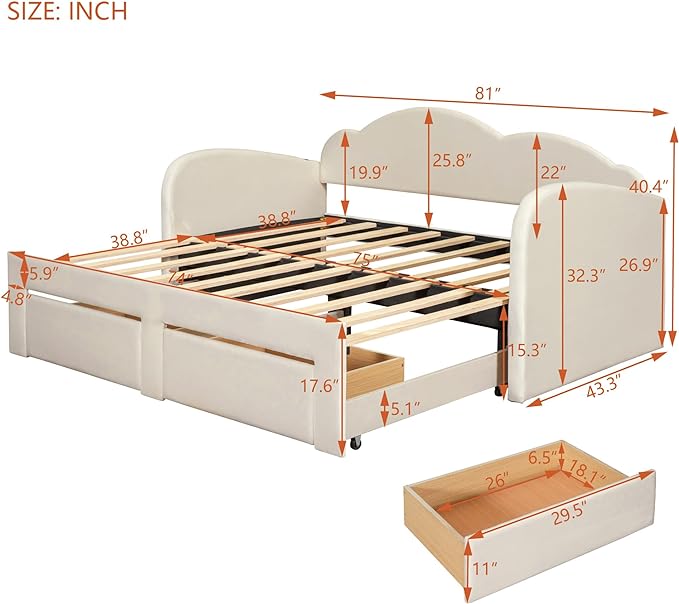 Twin Size Velvet Upholstered Daybed with Cloud-Shaped Backrest and Trundle,Wooden Storage Bed Frame W/Drawers & USB Ports,Convert to King-Size Bed,for Living Room Apartment Beige - LeafyLoom