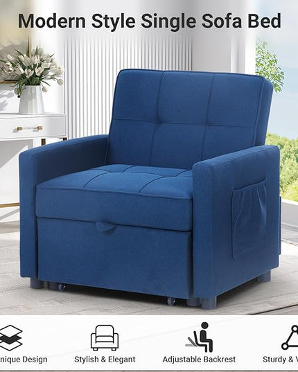 4-in-1 Convertible Sleeper Sofa, Single Pull Out Couch Chair with 6-Level Adjust Backrest Loveseat with Storage and Pillows, Modern Recliner for Living Room Apartment Office, Blue - LeafyLoom