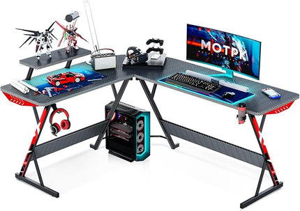 MOTPK L Shaped Gaming Desk 58 Inch, Gaming Computer Desk L Shape with Carbon Fiber Surface, Gamer Desk Gaming Table with Monitor Shelf, Cup Holder & Headphone Hook, Black - LeafyLoom