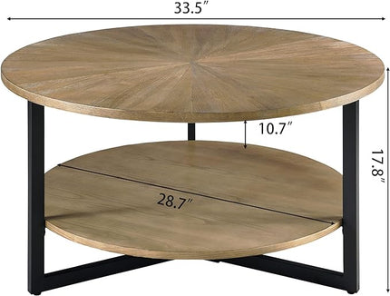 33.5" Round Coffee Table with 2-Tier Storage, Farmhouse Living Room Cocktail Table with Black Metal Leg, Solid Wood Industrial Sofa Center Table,Easy Assembly, Rustic Natural KFZ1338 - LeafyLoom