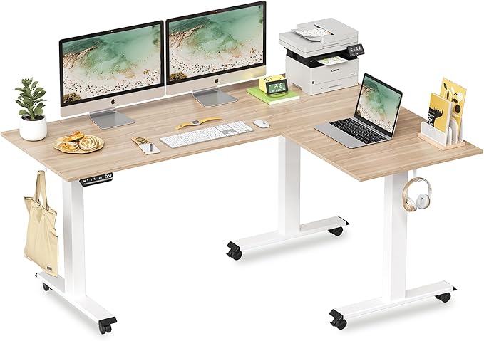 FEZIBO Triple Motor L-Shaped Electric Standing Desk, Height Adjustable Stand up Corner Desk, 63 Inches Sit Stand Workstation with Splice Board, White Frame/Light Walnut Top - LeafyLoom