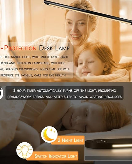 Clearance LED Desk Lamp with Wireless Charger for Home Office, Table Lamp with 2 Night Light for Bedroom, with USB Charging Port, 60min Timer AUTO-OFF, 5 Modes Dimmable Office Lamp, Adjustable, Black - LeafyLoom
