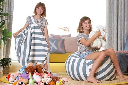 Aubliss Stuffed Animal Bean Bag Storage Chair, Beanbag Covers Only for Organizing Plush Toys, Turns into Bean Bag Seat for Kids When Filled, Medium 32"-Canvas Stripes Grey/White - LeafyLoom