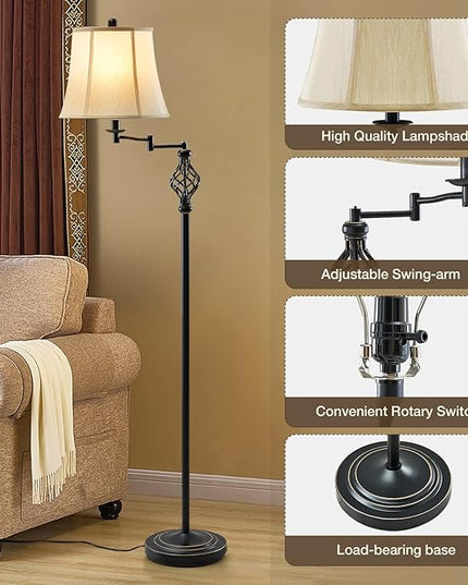 3 Color Temperature LED Floor lamp, Traditional 350° Adjustable Swing Arm Floor Lamp Vintage Pole lamp Farmhouse Lamp for Living Rooms & Offices, Rustic Standing Lamp for Bedroom Reading - LeafyLoom