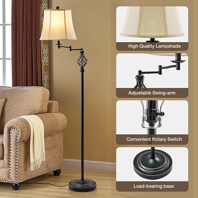 3 Color Temperature LED Floor lamp, Traditional 350° Adjustable Swing Arm Floor Lamp Vintage Pole lamp Farmhouse Lamp for Living Rooms & Offices, Rustic Standing Lamp for Bedroom Reading - LeafyLoom