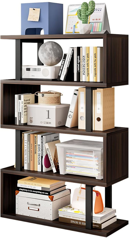 Bookshelf geometric bookcase S Shaped industrial bookshelf Storage Display Stand Shelf for Living Room Bedroom and office Room (Black, 4 Tier) - LeafyLoom