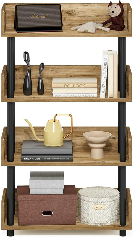 Furinno Turn-N-Tube 4-Tier Toolless Display Rack, Flagstaff Oak/Black - LeafyLoom