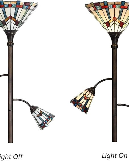 Bieye L10812 Mission Tiffany Style Stained Glass Floor Lamp for Reading Working Decorating, 3-Lights, 70 inches Tall - LeafyLoom