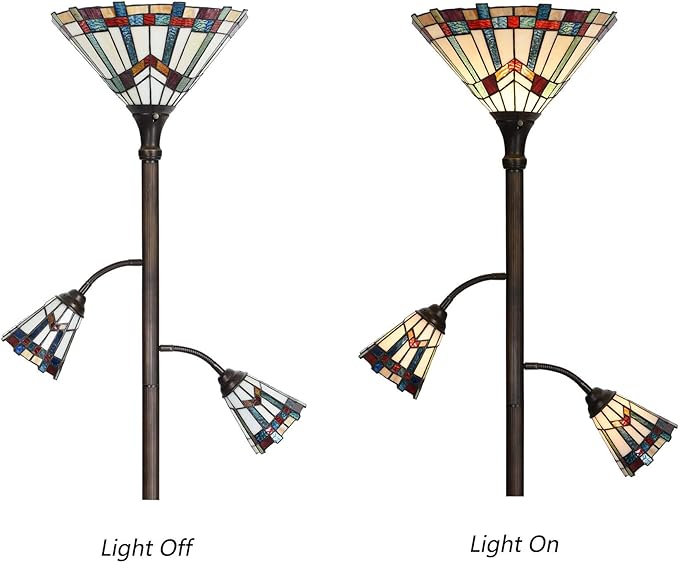 Bieye L10812 Mission Tiffany Style Stained Glass Floor Lamp for Reading Working Decorating, 3-Lights, 70 inches Tall - LeafyLoom
