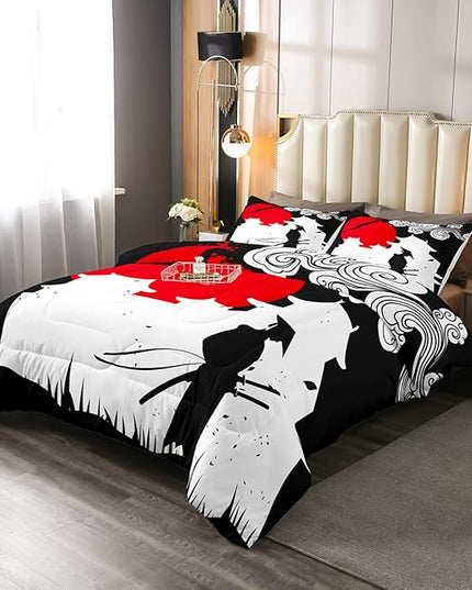 Erosebridal Samurai Comforter Set Queen Size, Sunset Print Down Comforter, Japan Quilted Duvet, Building Silhouette Breathable Quilt Set, Japanese Ukiyoe Bedding Set, Ultra Lightweight - LeafyLoom
